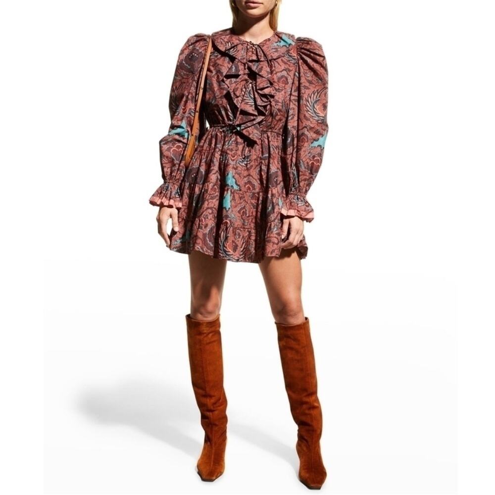 Ulla Johnson Women's Red Caris Carmine Batik Floral Puff Sleeve Mini Dress NEW 6
